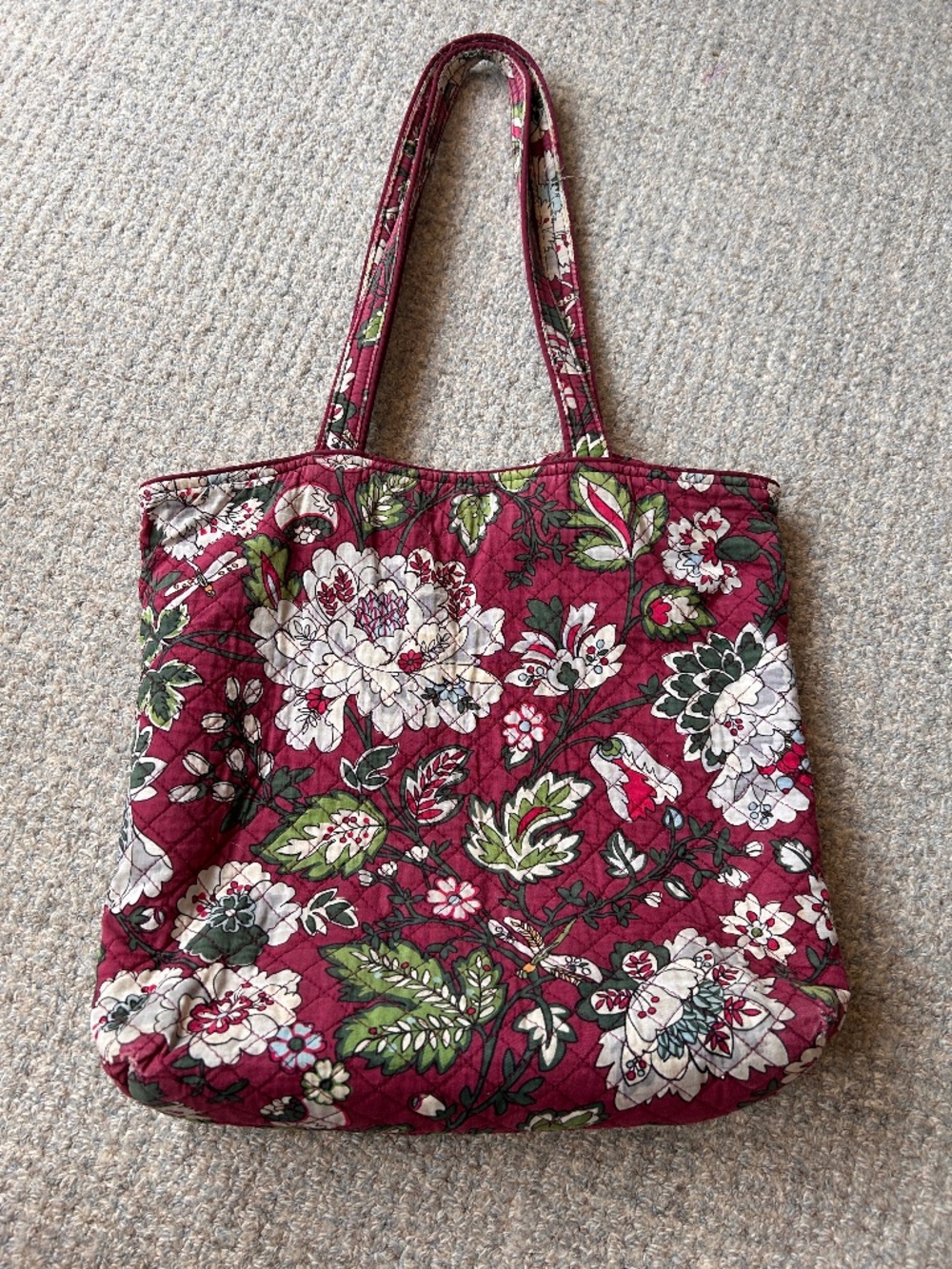 Vera Bradley Burgundy Floral print cotton shoulder tote with grey flower